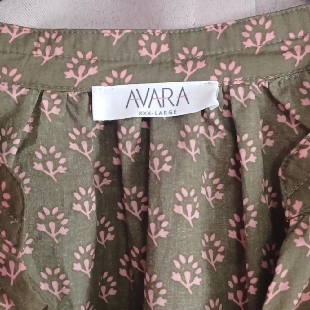 Avara Olive Green Pink Floral Long Balloon Sleeve Top, Split Neck Button Placket